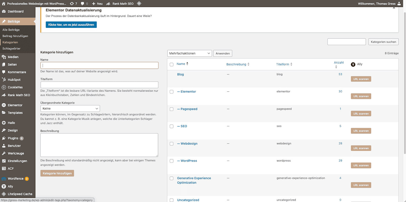 Auf dem Bild sieht man das WordPress Dashboard und wo man Kategorien für die Blogartikel hinzufügen kann