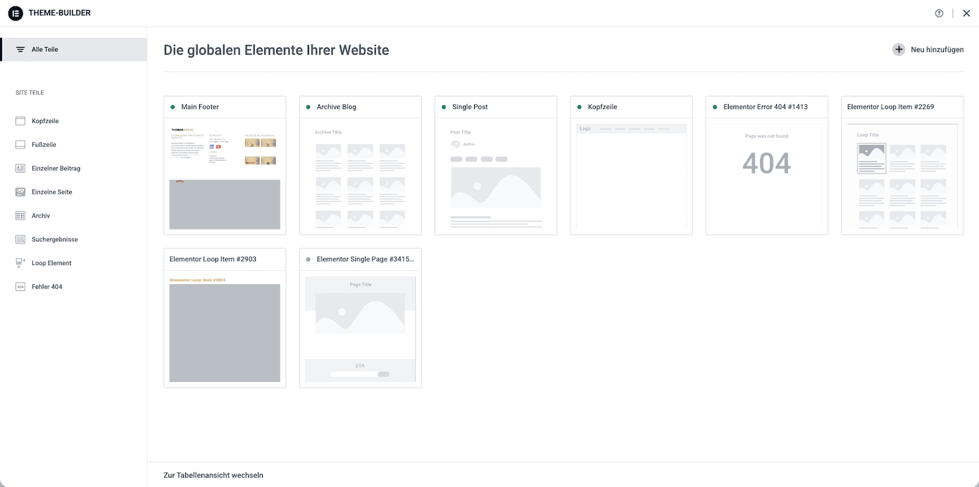 Bild des Nutzer Interfaces vom Themebuilder Elementor Pro