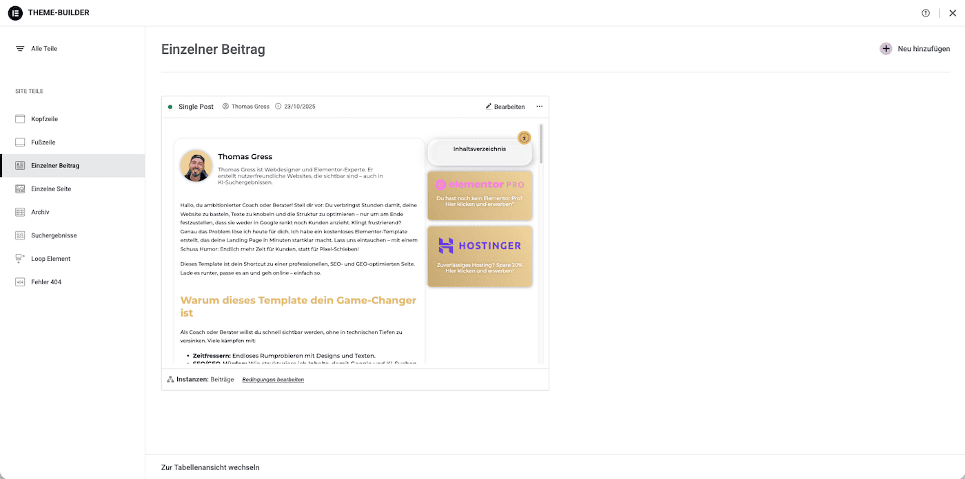 Nutzer Interface vom Elementor Theme Builder und wie man ein Beitrags Template erstellt