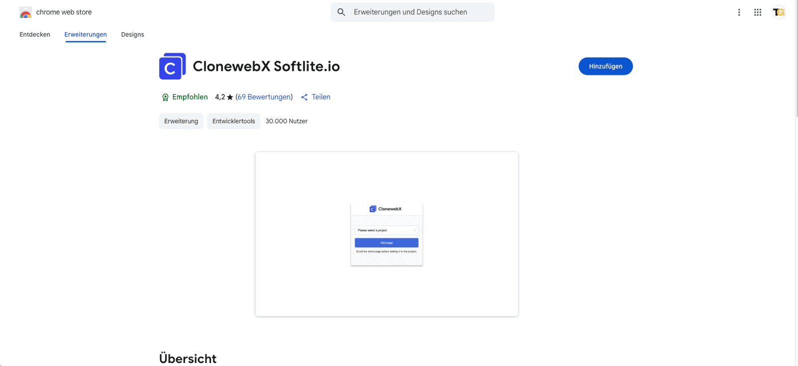 Lovable, Bolt oder v0 zu Elementor exportieren 3 screenshot vom chrome erweiterungs dashboard und dem erweiterung clonewebx