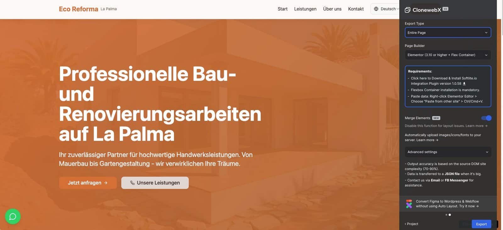 Lovable, Bolt oder v0 zu Elementor exportieren 5 Bildschirmaufname wie man das Lovable Design mit ClonewebX exportiert
