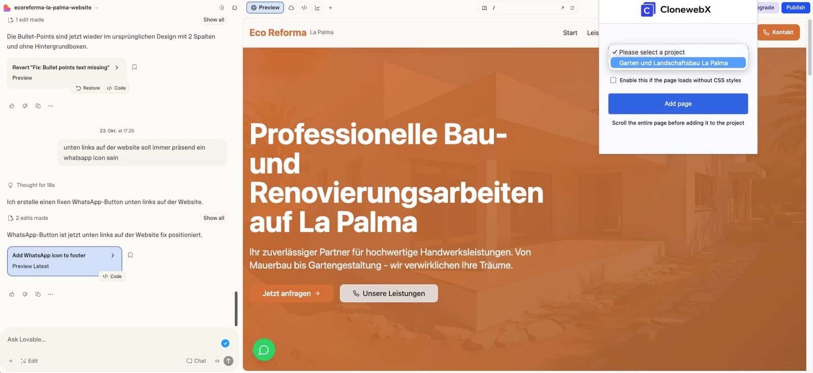 Lovable, Bolt oder v0 zu Elementor exportieren 4 bildschirmaufname wie man ein projekt in clonewebx auswählt
