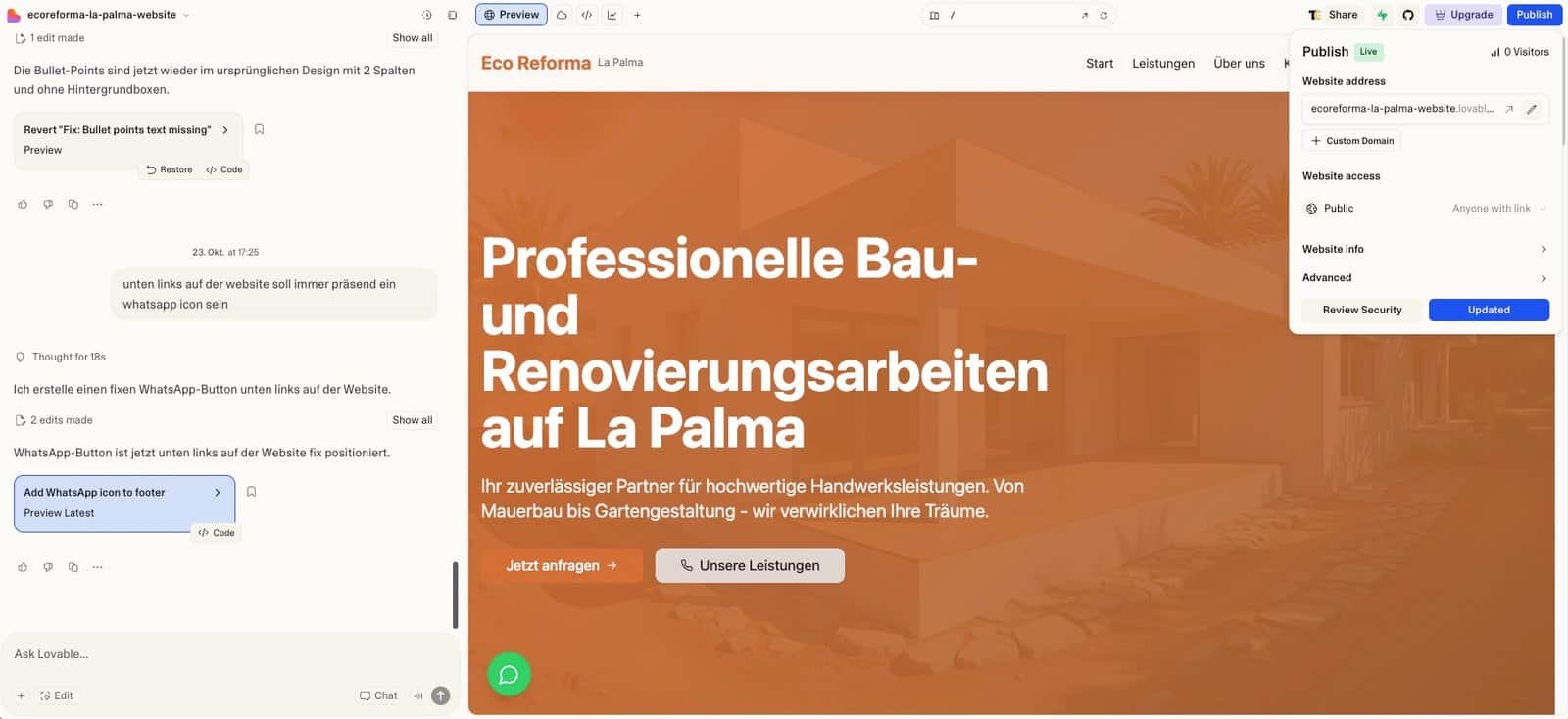 Lovable, Bolt oder v0 zu Elementor exportieren 1 Bildschirmaufnahme wie man eine Lovable seite published also online bringt