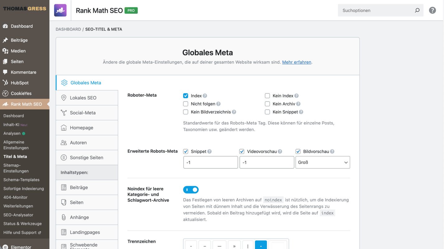Rank Math SEO Einstellungen für Meta