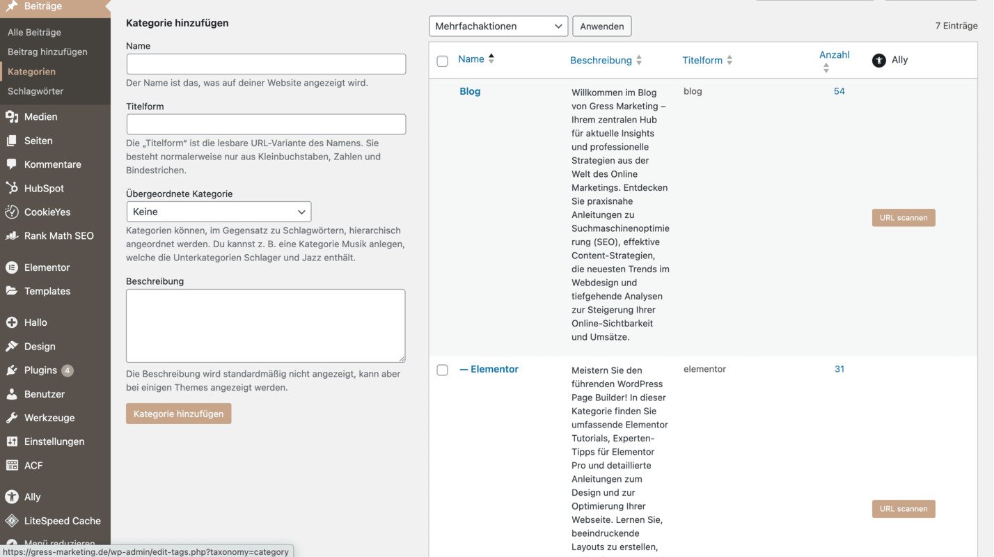 Kategorie hinzufügen für WordPress-Seite