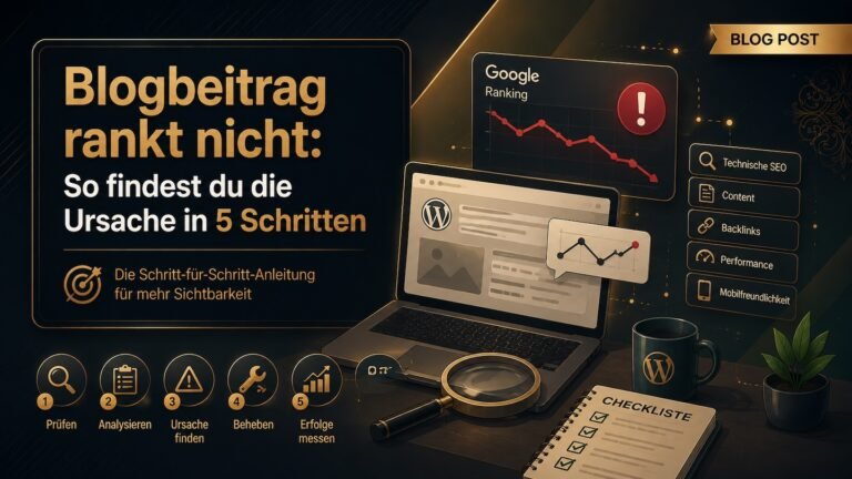 WordPress & Elementor Pro Experte Thomas Gress - Startseite 16 Blogbeitrag rankt nicht: Laptop mit WordPress-Beitrag, fallender Google-Ranking-Kurve und Checkliste