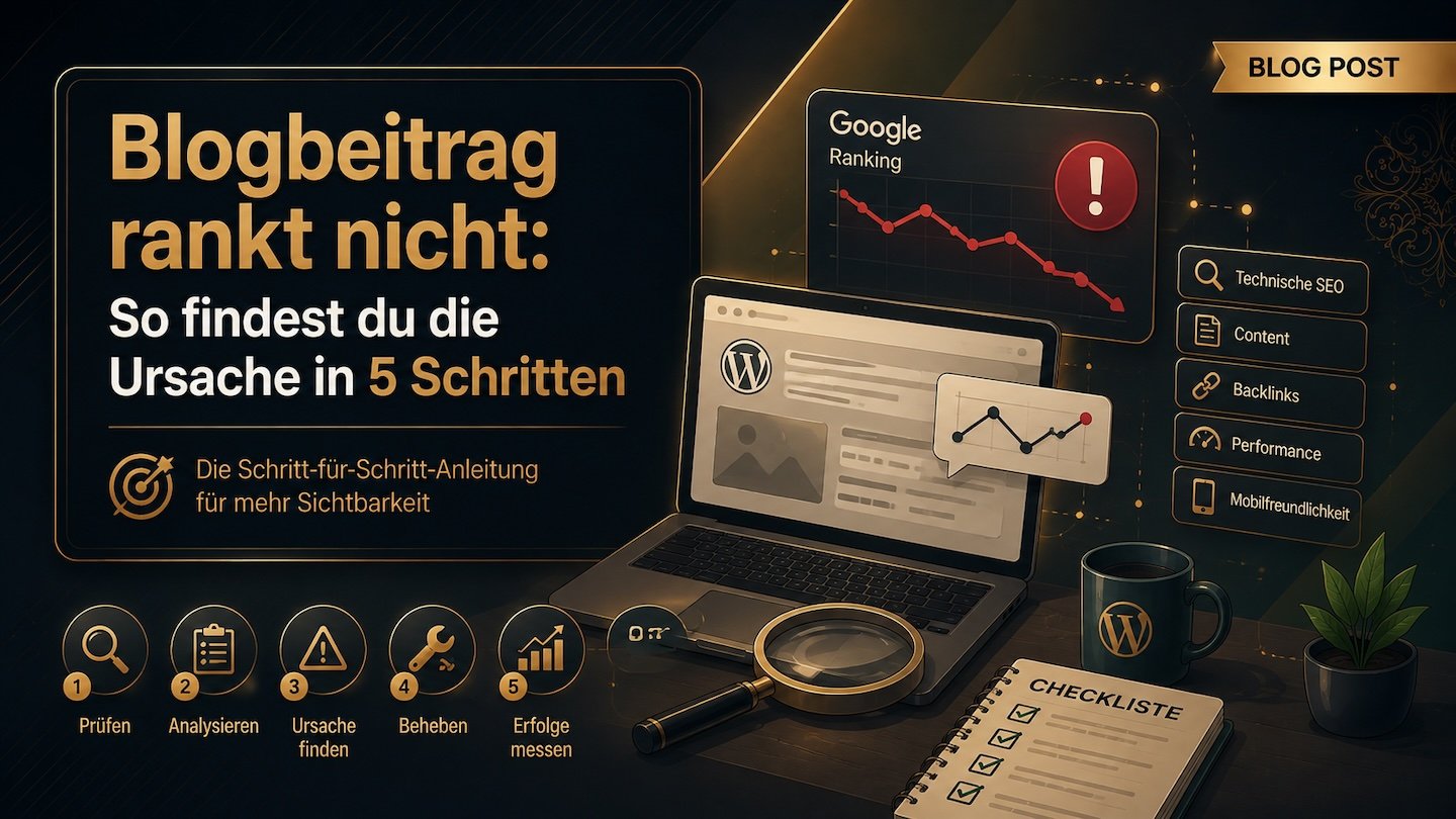Blogbeitrag rankt nicht: Laptop mit WordPress-Beitrag, fallender Google-Ranking-Kurve und Checkliste