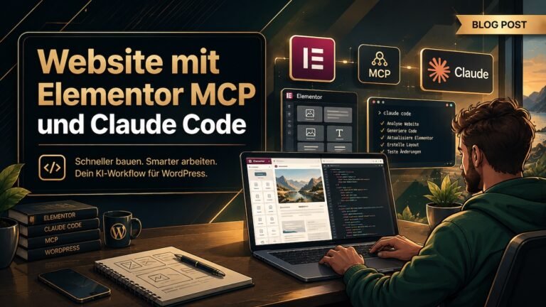 WordPress & Elementor Pro Experte Thomas Gress - Startseite 14 Illustration Webdesigner arbeitet am Laptop mit Elementor-Editor und Claude Code, darüber verbunden die Logos von Elementor, MCP und Claude, daneben der Titel Website mit Elementor MCP und Claude Code
