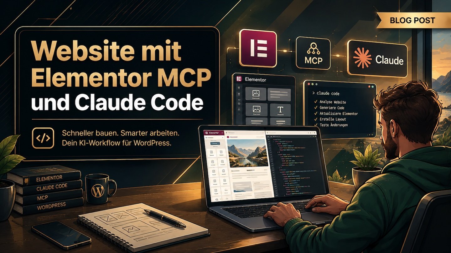 Illustration Webdesigner arbeitet am Laptop mit Elementor-Editor und Claude Code, darüber verbunden die Logos von Elementor, MCP und Claude, daneben der Titel Website mit Elementor MCP und Claude Code